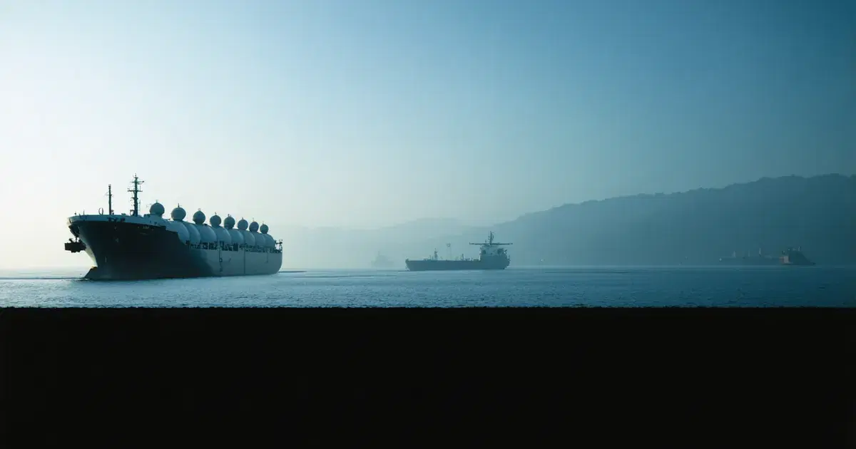 Distant silhouette of a generic LNG carrier at golden hour, calm sea.