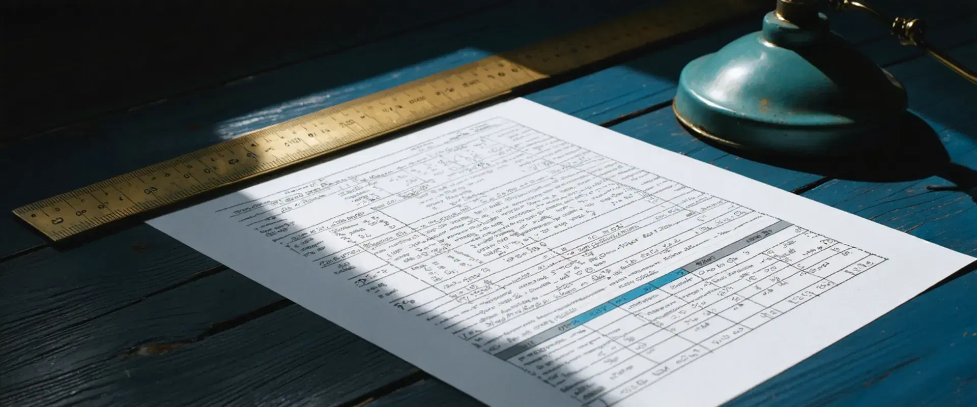 Regulator-style formula sheet on a dark wooden desk under low-angle lamp light.
