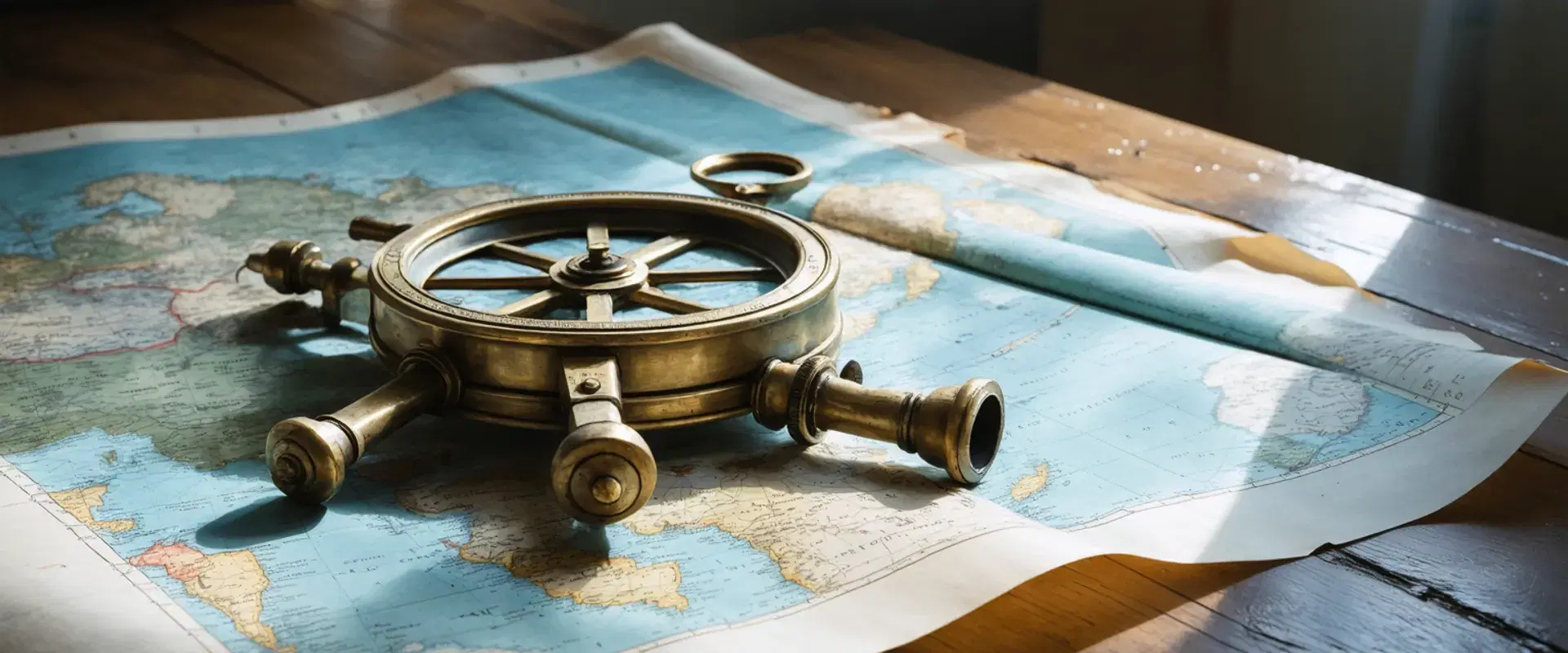 Antique brass navigation instrument resting on an unfolded nautical chart.
