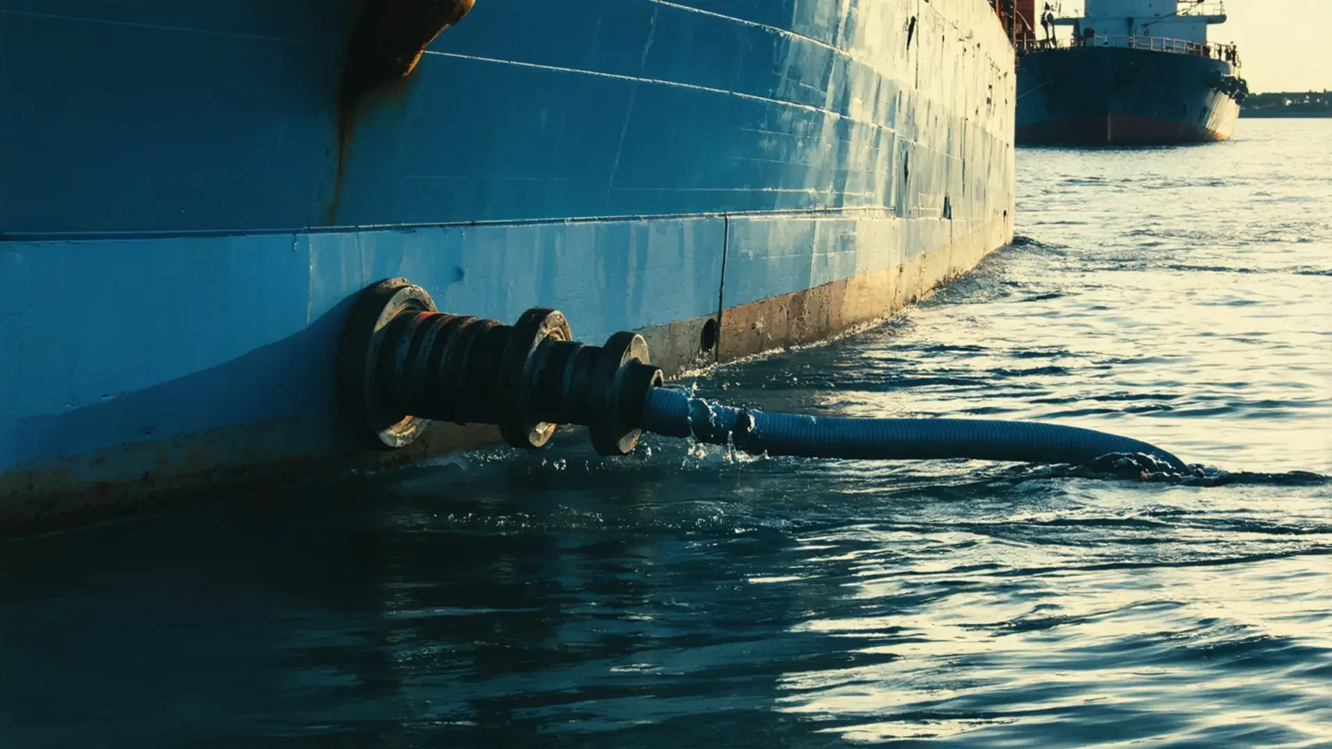 Bunker barge alongside vessel at golden hour — fuel intensity scene