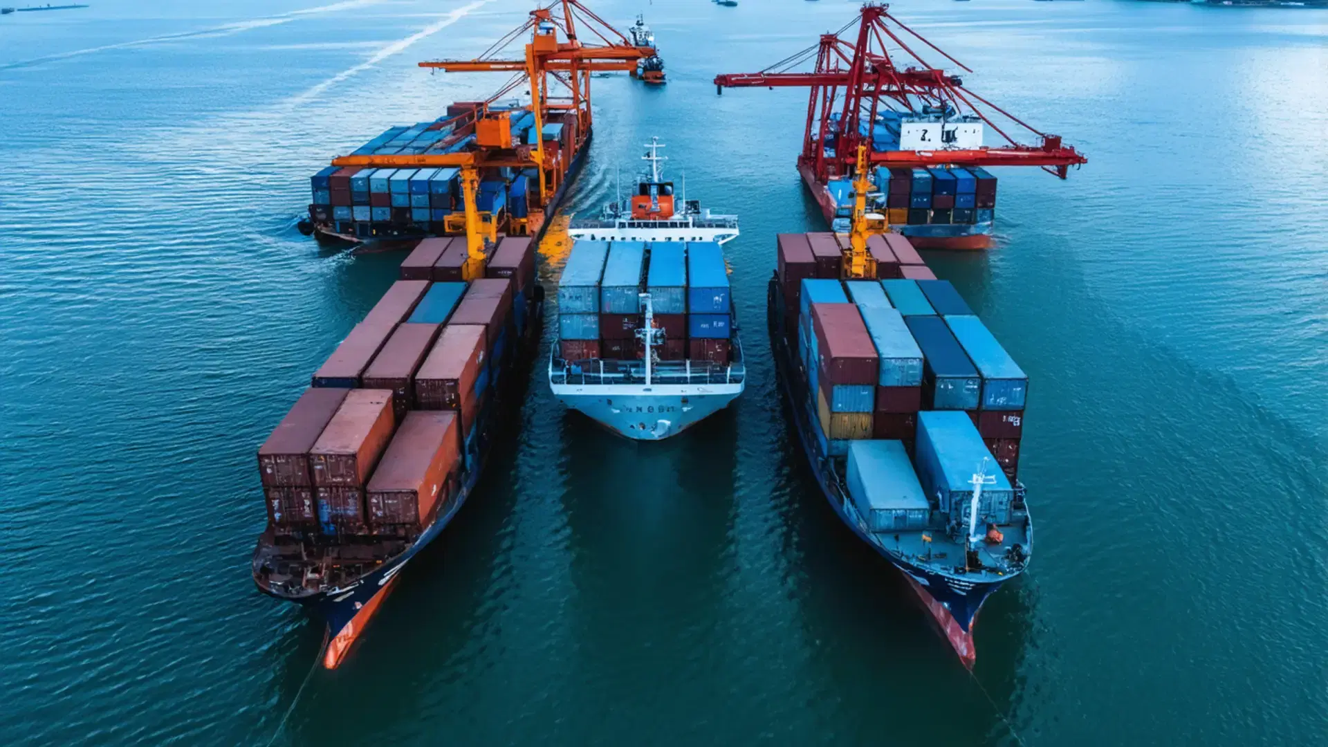 Container vessels at port at dawn — fleet at scale